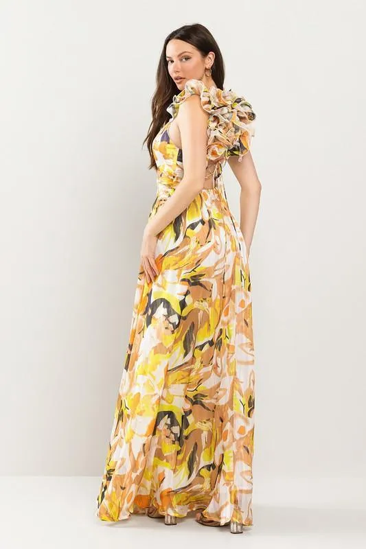 RUFFLED SHOULDER MAXI DRESS OPEN BACK