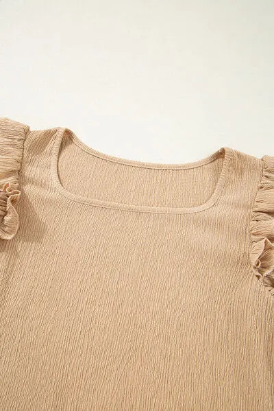 Ruffled Square Neck Textured Cap Sleeve Top