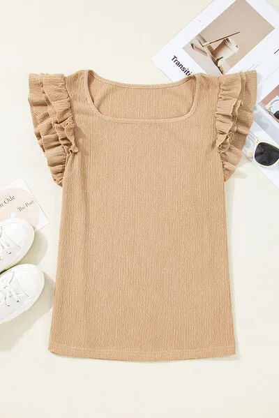 Ruffled Square Neck Textured Cap Sleeve Top