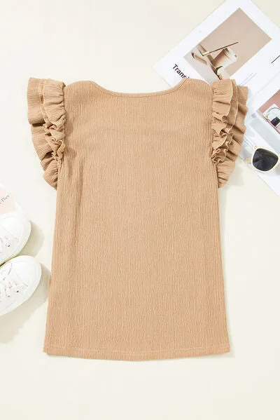 Ruffled Square Neck Textured Cap Sleeve Top