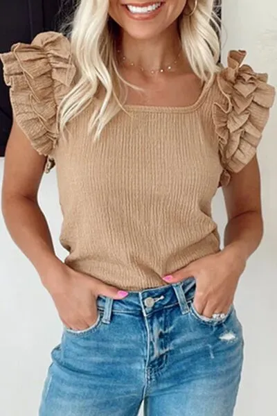 Ruffled Square Neck Textured Cap Sleeve Top