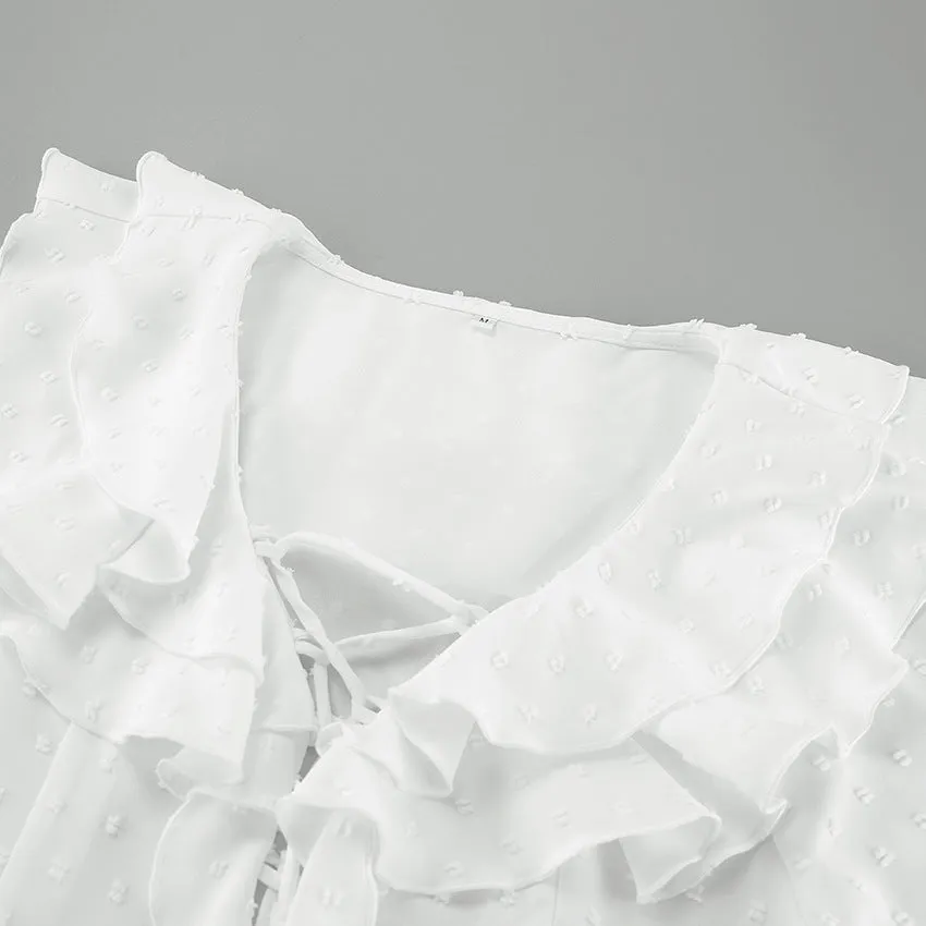 Ruffled White Crepe Casual Long Sleeve Blouse