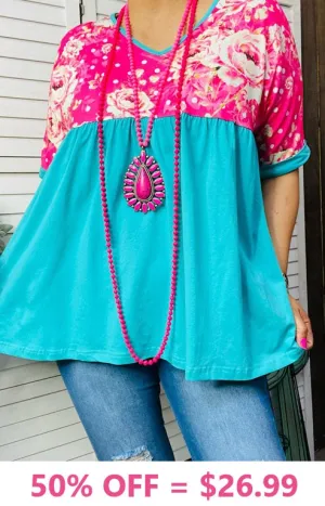 S, M, L, XL Pink Floral and Turquoise baby doll top