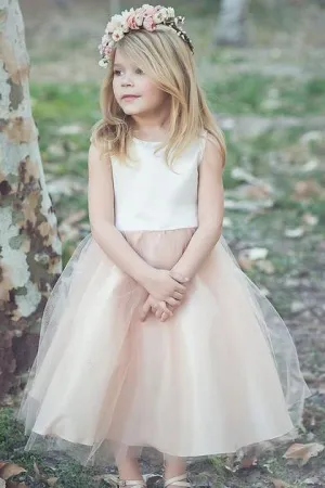 Scoop Neck Ivory Champagne Flower Girl Dress with Tulle Skirt