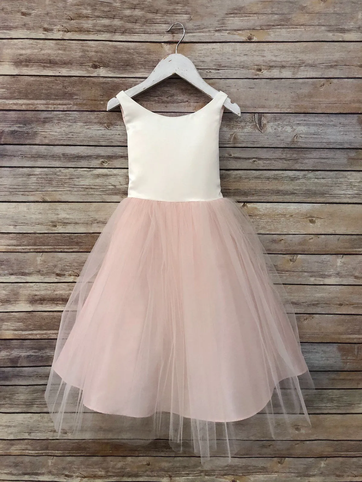 Scoop Neck Ivory Champagne Flower Girl Dress with Tulle Skirt