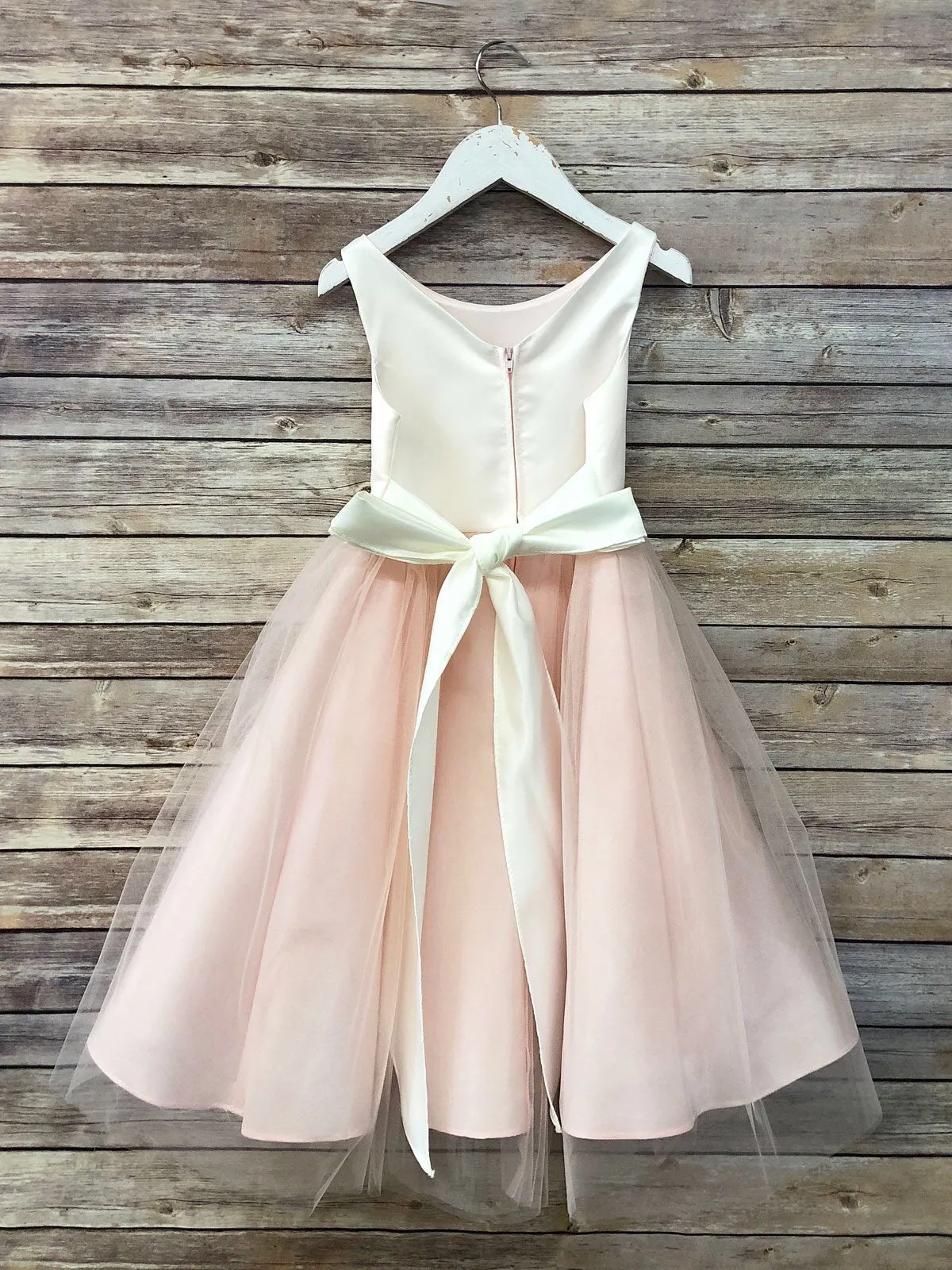 Scoop Neck Ivory Champagne Flower Girl Dress with Tulle Skirt