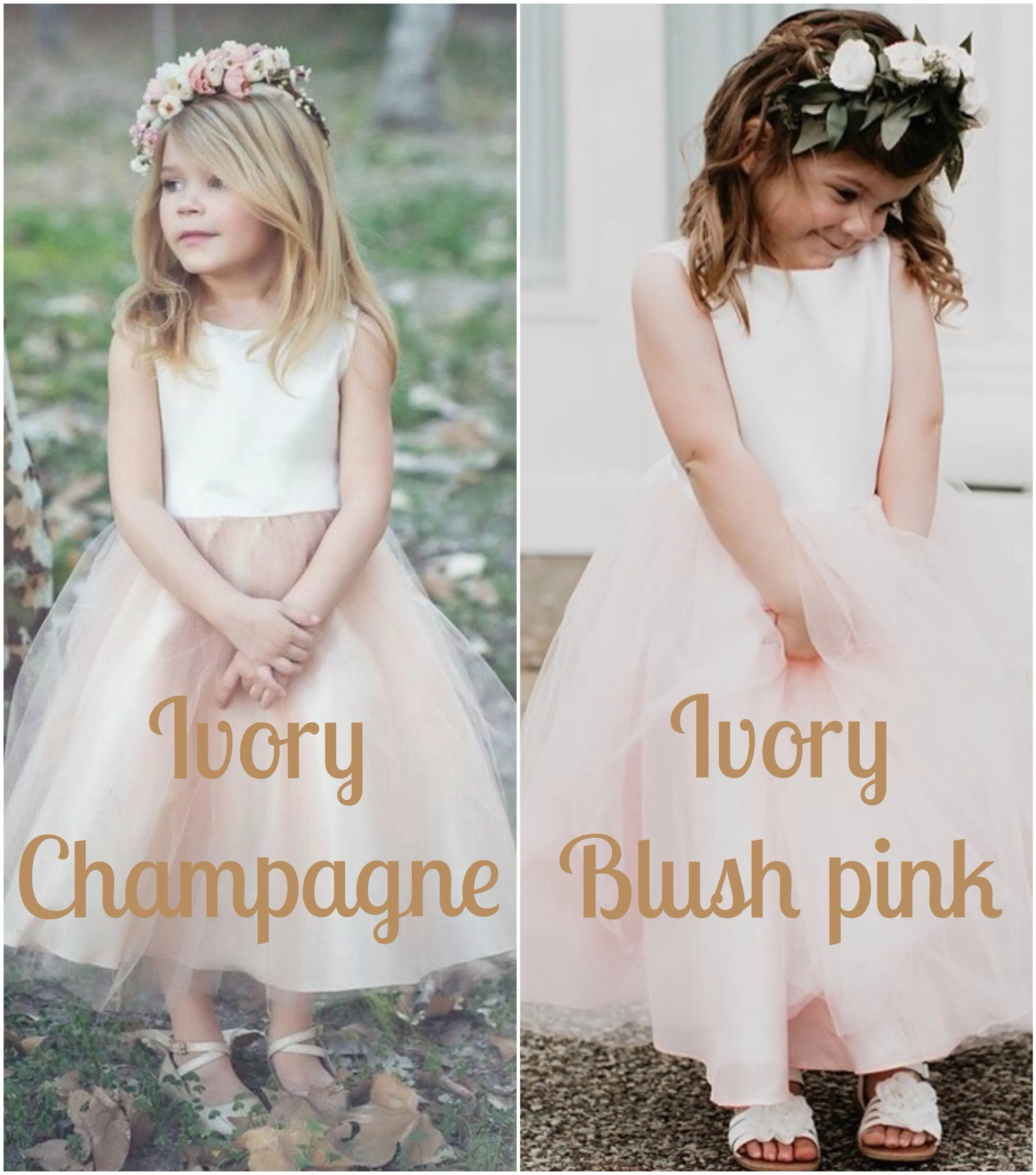 Scoop Neck Ivory Champagne Flower Girl Dress with Tulle Skirt