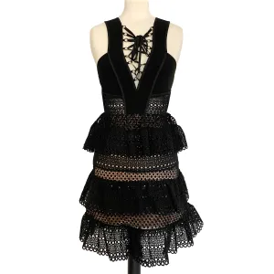Self-Portrait Black Lace Up Deep V Sleeveless Tiered Lace Mini Dress Size US 2