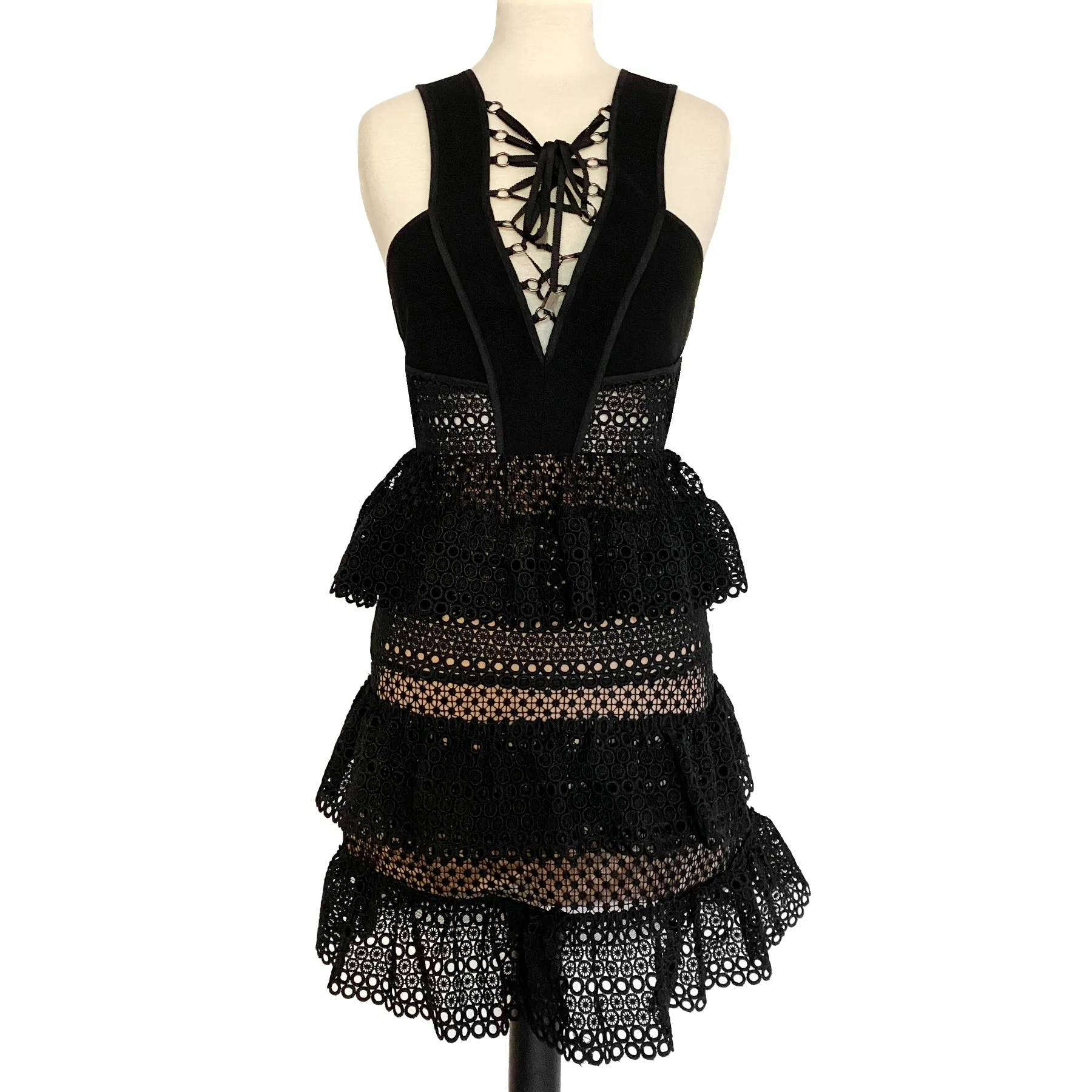 Self-Portrait Black Lace Up Deep V Sleeveless Tiered Lace Mini Dress Size US 2