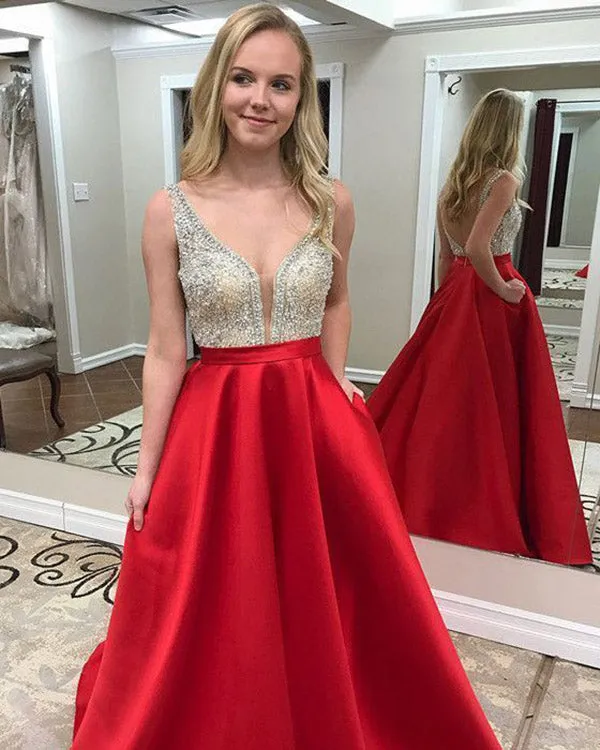 Sexy Red Satin Prom Dresses with V Neck Beaded Bodice Long Prom Gowns Backless