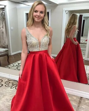 Sexy Red Satin Prom Dresses with V Neck Beaded Bodice Long Prom Gowns Backless