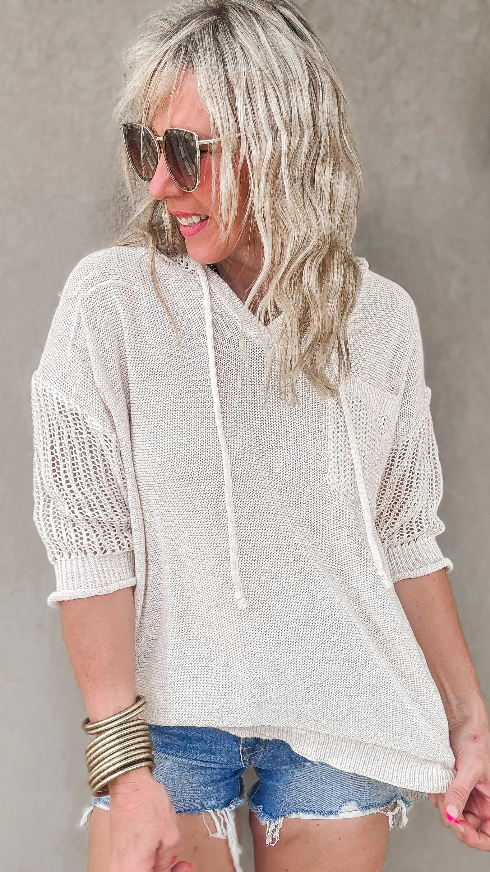 Sheer Knit Hoodie Pullover Sweater