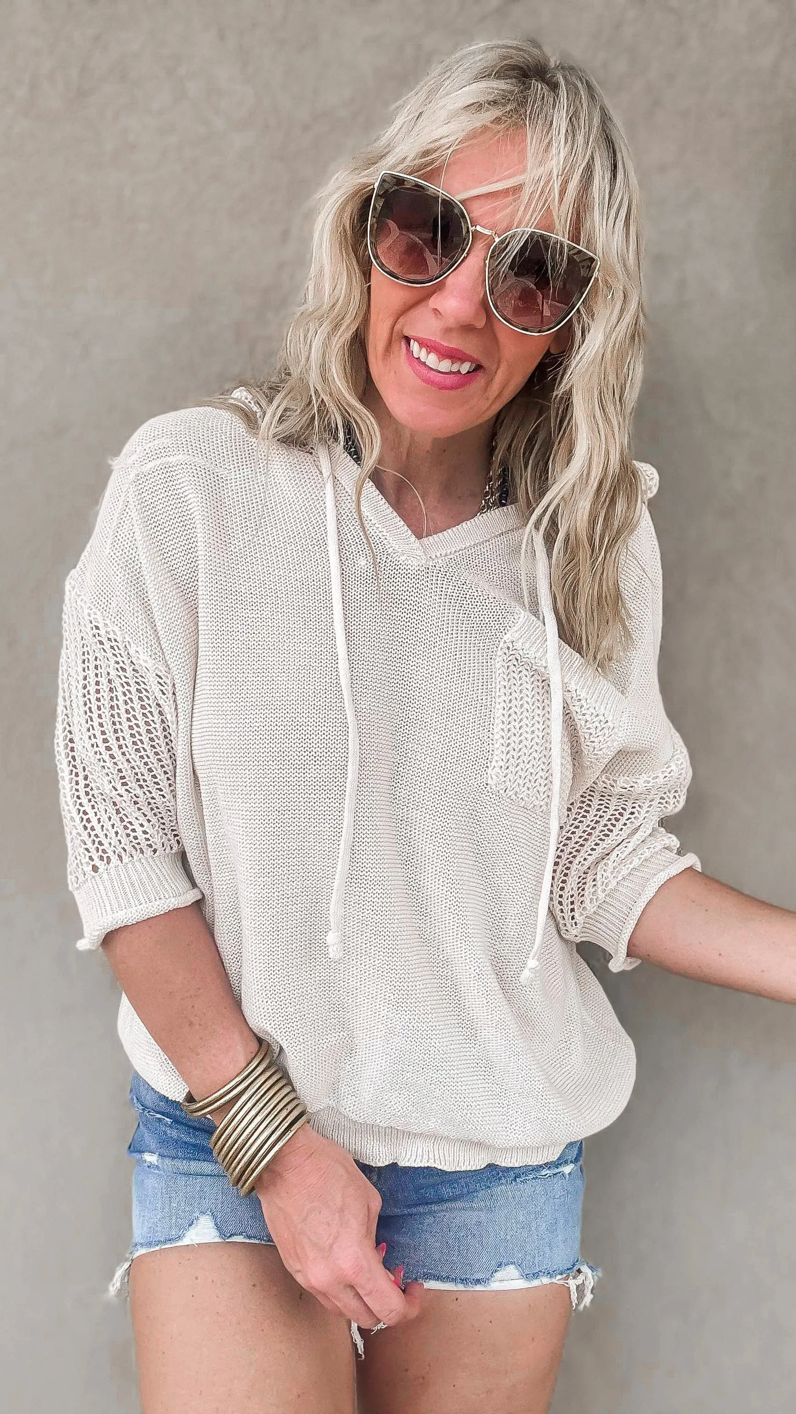 Sheer Knit Hoodie Pullover Sweater