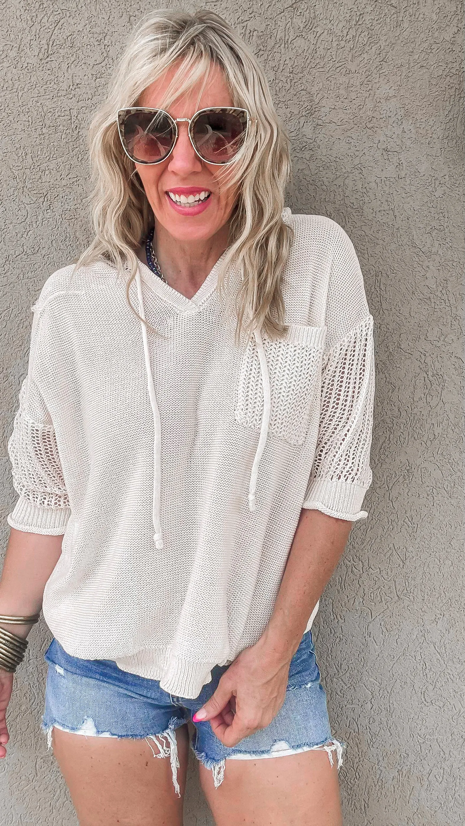 Sheer Knit Hoodie Pullover Sweater