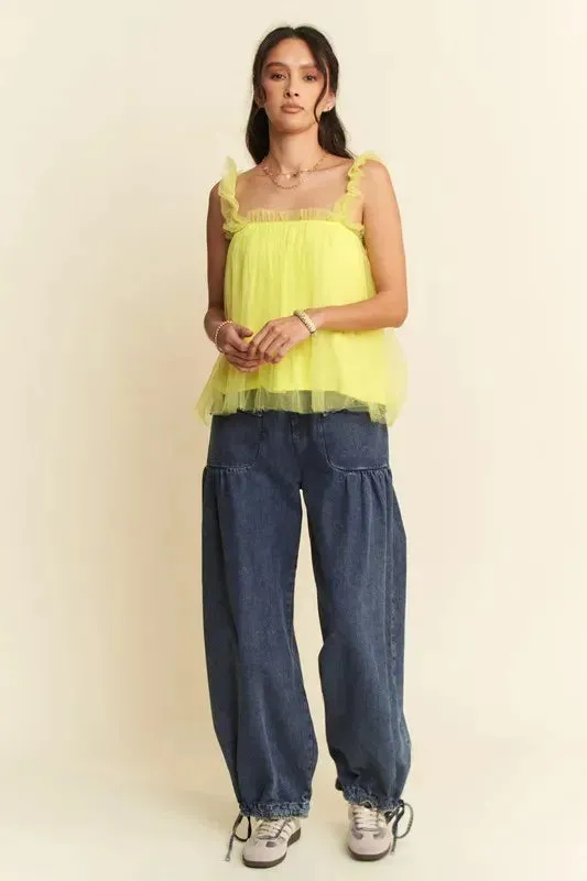 Shirred Ruffle Strap Tulle Babydoll Top: Whimsical Elegance