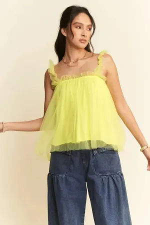 Shirred Ruffle Strap Tulle Babydoll Top: Whimsical Elegance