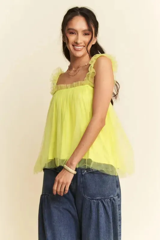 Shirred Ruffle Strap Tulle Babydoll Top: Whimsical Elegance