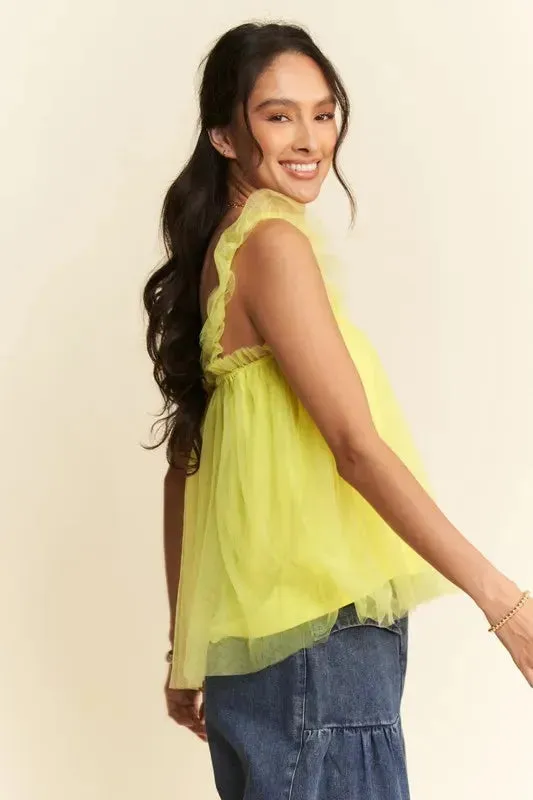 Shirred Ruffle Strap Tulle Babydoll Top: Whimsical Elegance