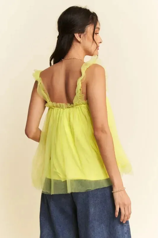 Shirred Ruffle Strap Tulle Babydoll Top: Whimsical Elegance