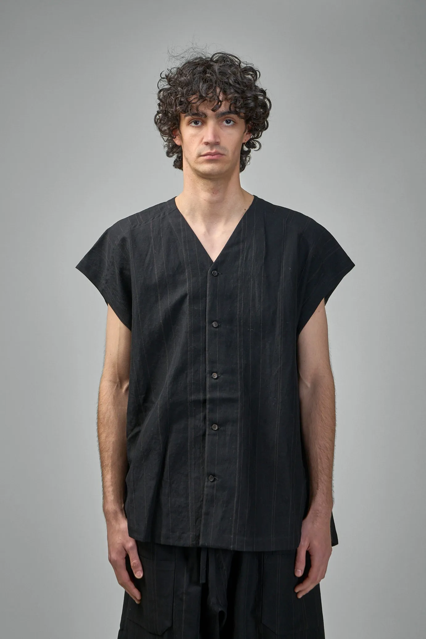 SHIRT#104 Sleeveless V-Neck Shirt Fine Stripe Cloth