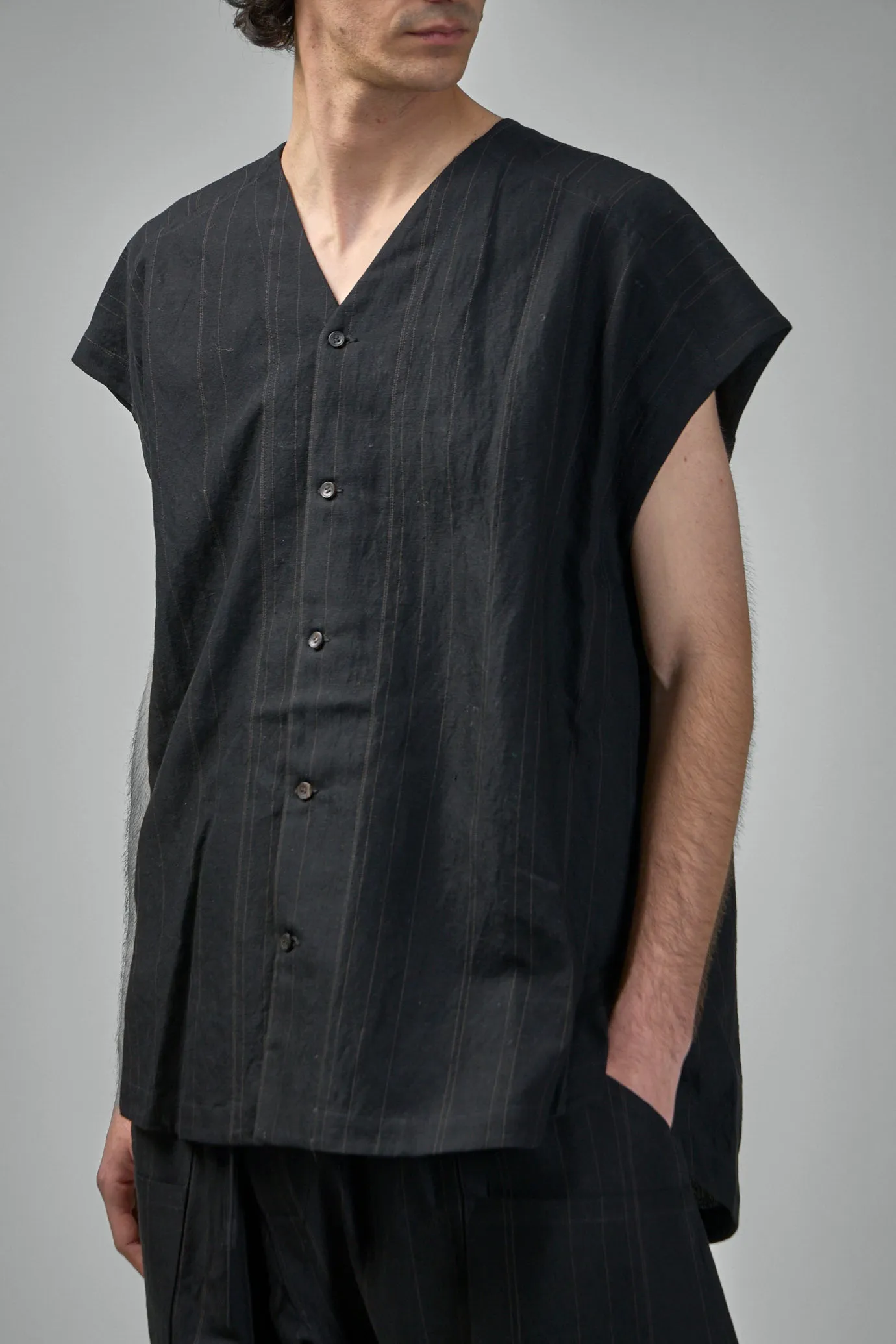 SHIRT#104 Sleeveless V-Neck Shirt Fine Stripe Cloth