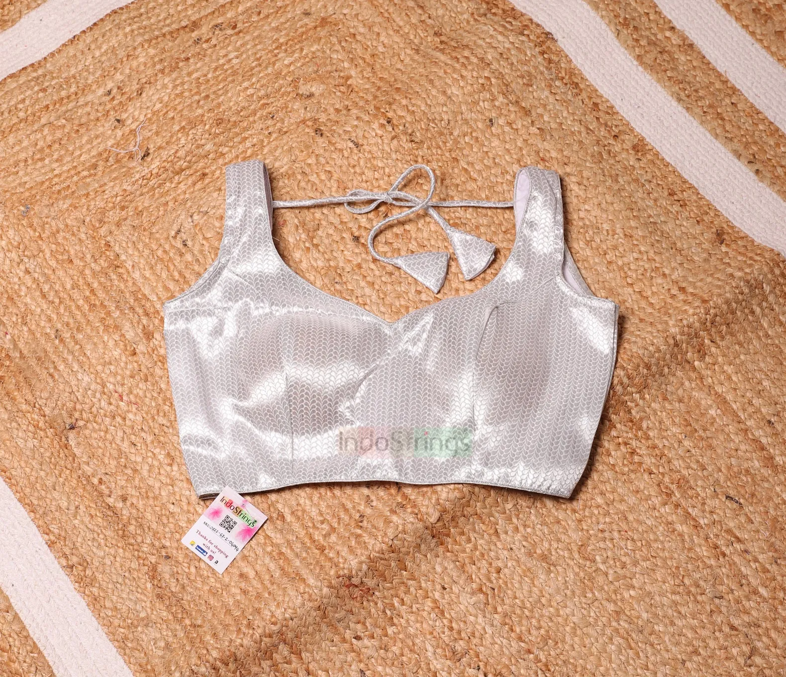 Silver Zari Sleeveless Blouse (Leaf Print)