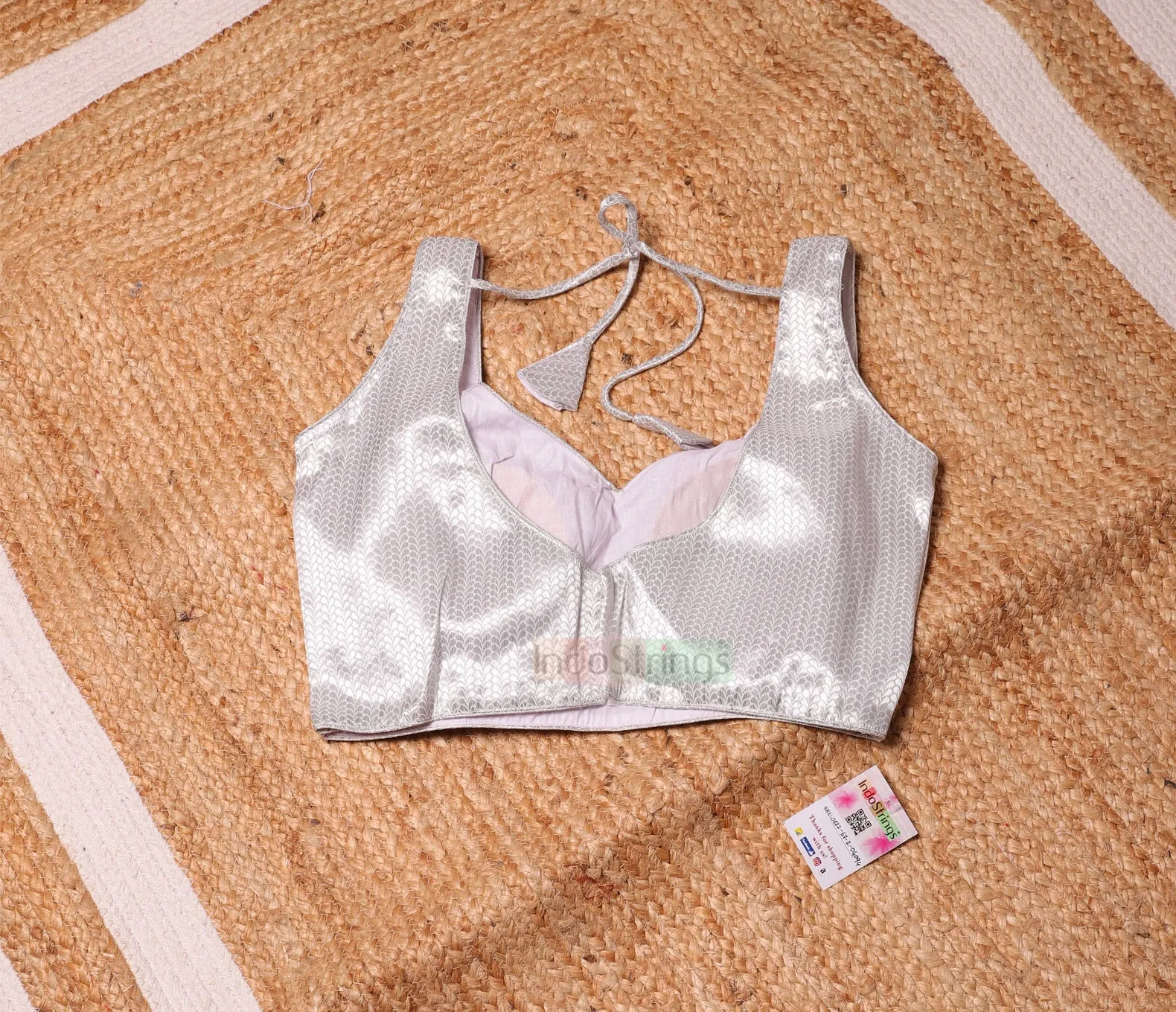 Silver Zari Sleeveless Blouse (Leaf Print)