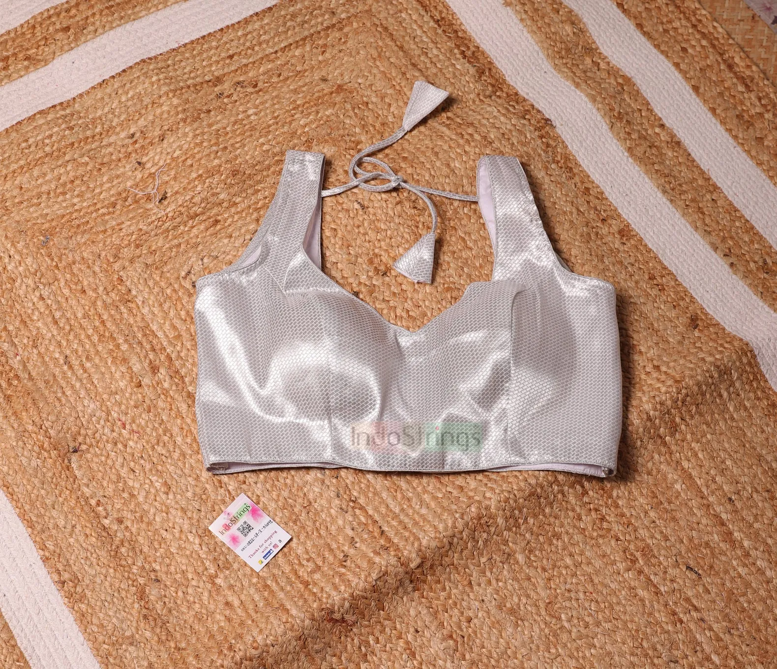 Silver Zari Sleeveless Blouse (Rectangle Print)