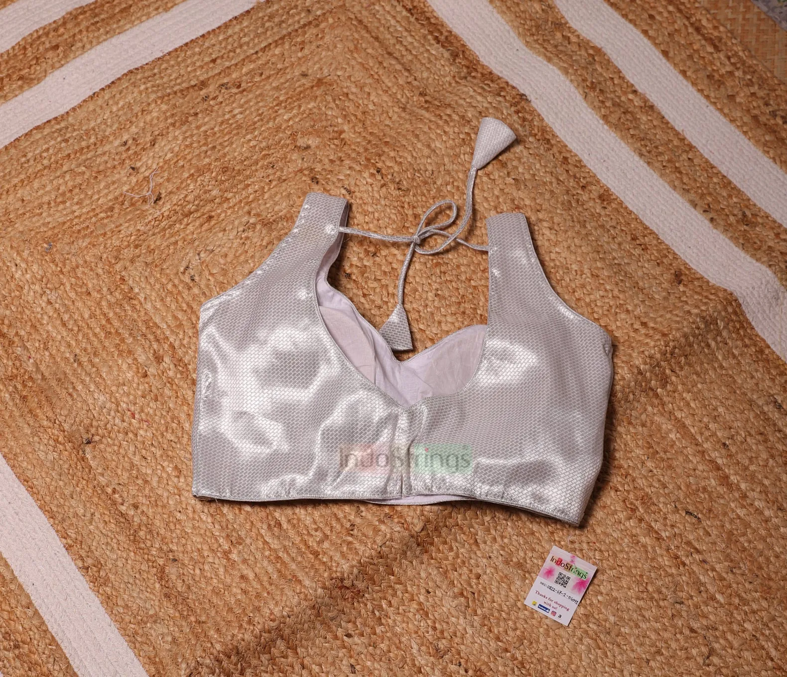 Silver Zari Sleeveless Blouse (Rectangle Print)