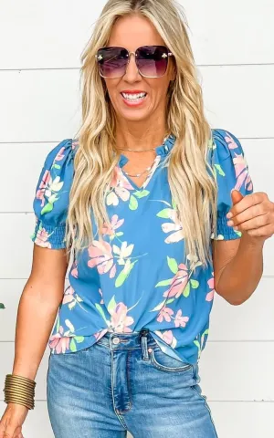 Simply Bloom Floral Top - Denim - Final Sale