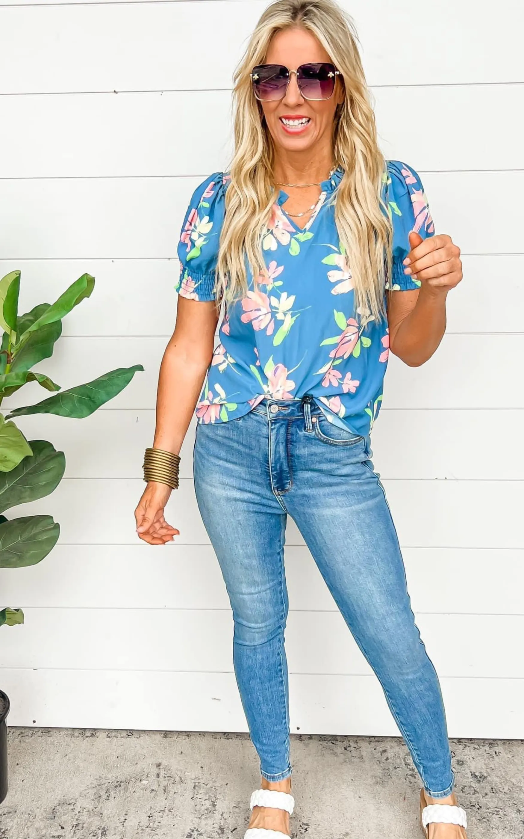 Simply Bloom Floral Top - Denim - Final Sale