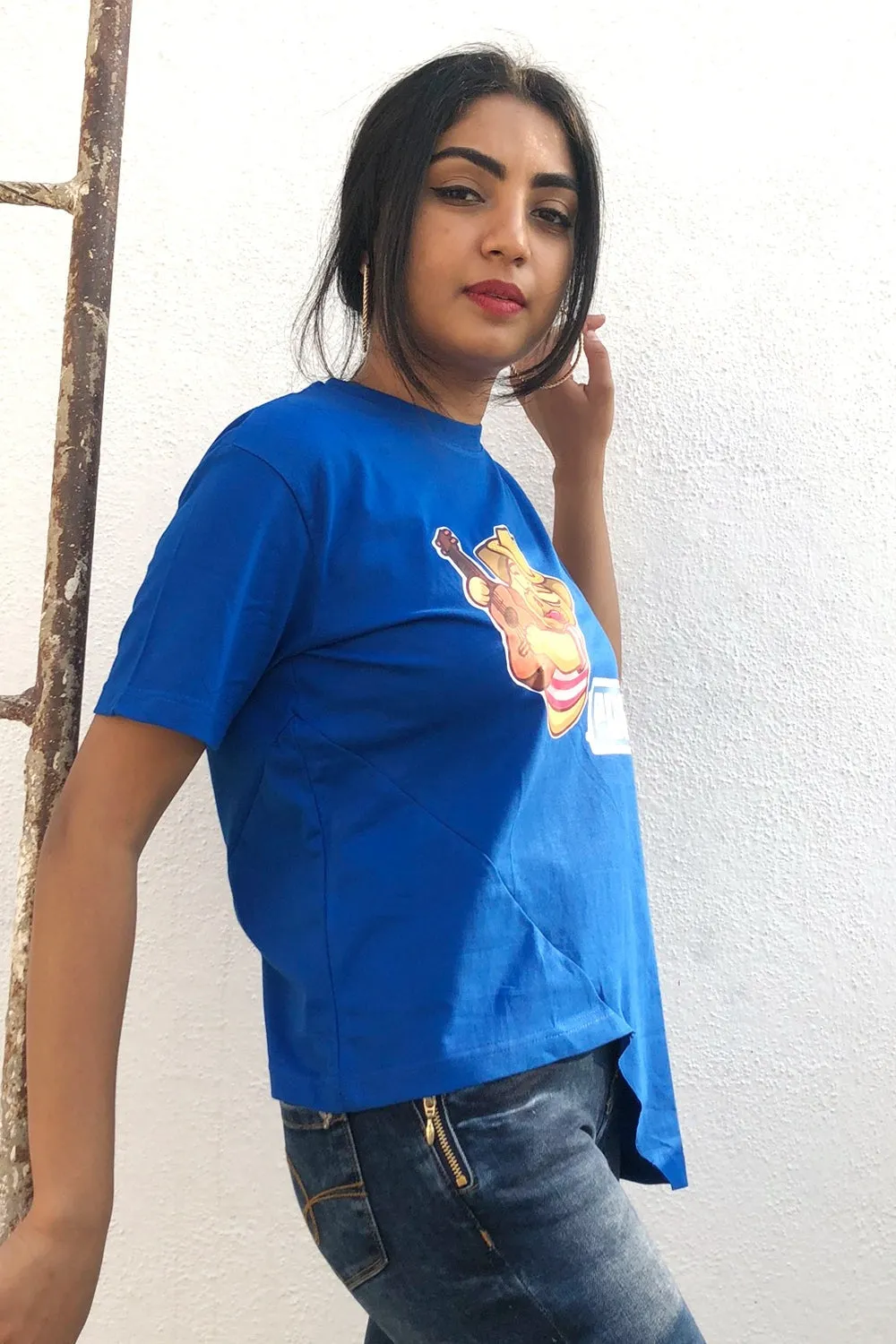 Slashed Asymmetric Pug Graphic Printed Tshirt Blue