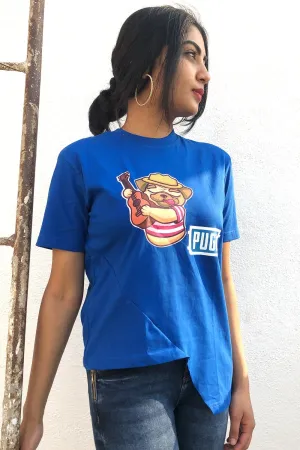 Slashed Asymmetric Pug Graphic Printed Tshirt Blue