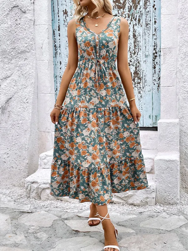 Sleeveless Floral Print Midi Dress with Button Front and Tiered Skirt