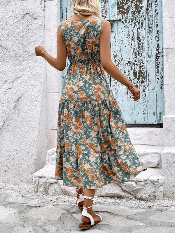 Sleeveless Floral Print Midi Dress with Button Front and Tiered Skirt