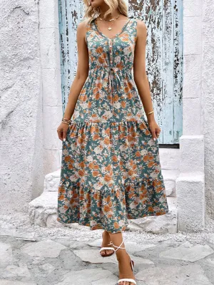 Sleeveless Floral Print Midi Dress with Button Front and Tiered Skirt