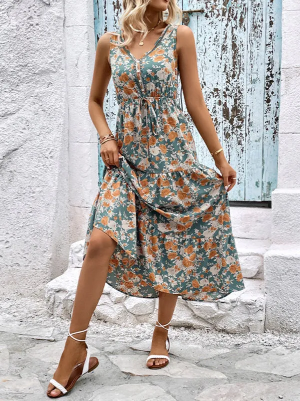 Sleeveless Floral Print Midi Dress with Button Front and Tiered Skirt
