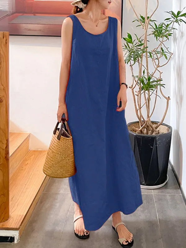 Sleeveless Maxi Dress with Pockets and Round Neck