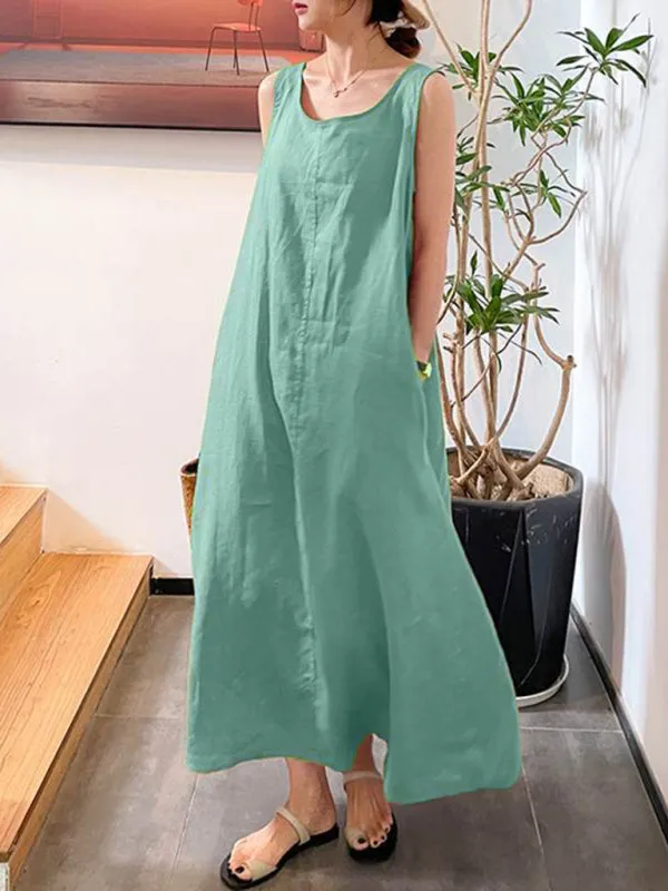 Sleeveless Maxi Dress with Pockets and Round Neck