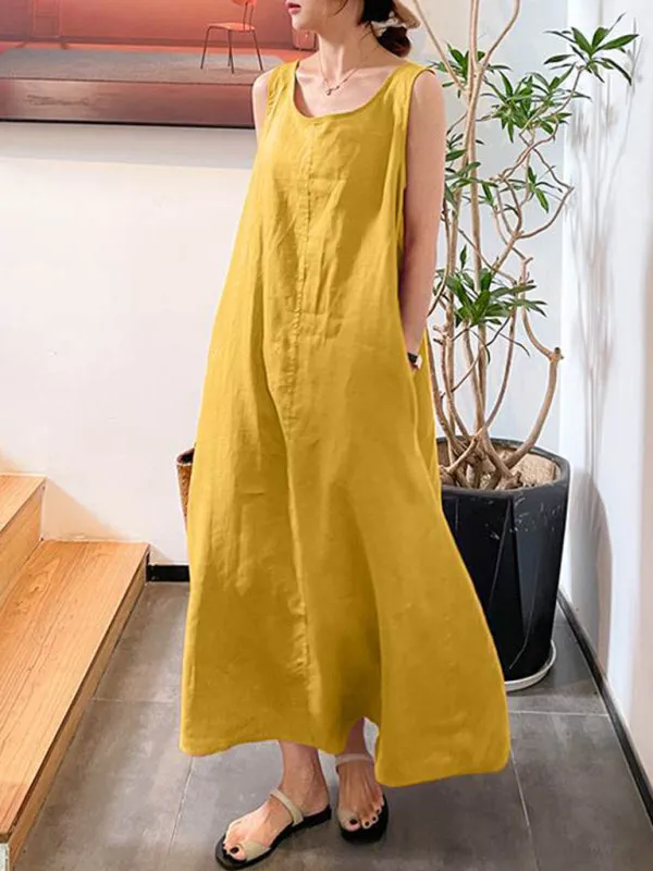 Sleeveless Maxi Dress with Pockets and Round Neck