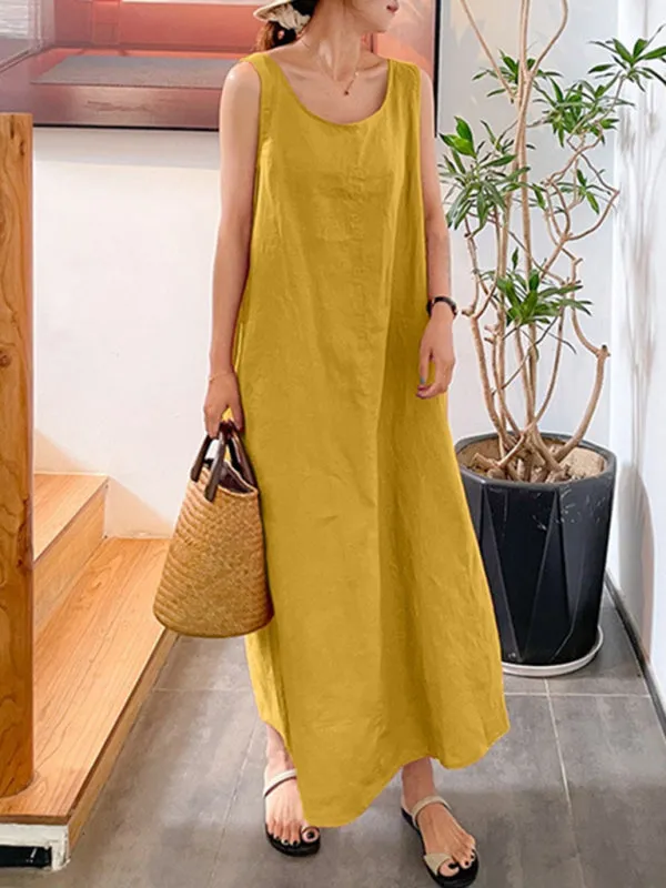 Sleeveless Maxi Dress with Pockets and Round Neck