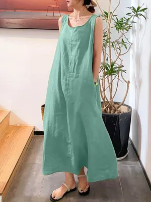 Sleeveless Maxi Dress with Pockets and Round Neck