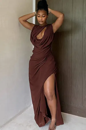 Sleeveless Ruched Cutout Slim Fit Solid Color Slit Maxi Dresses-Brown