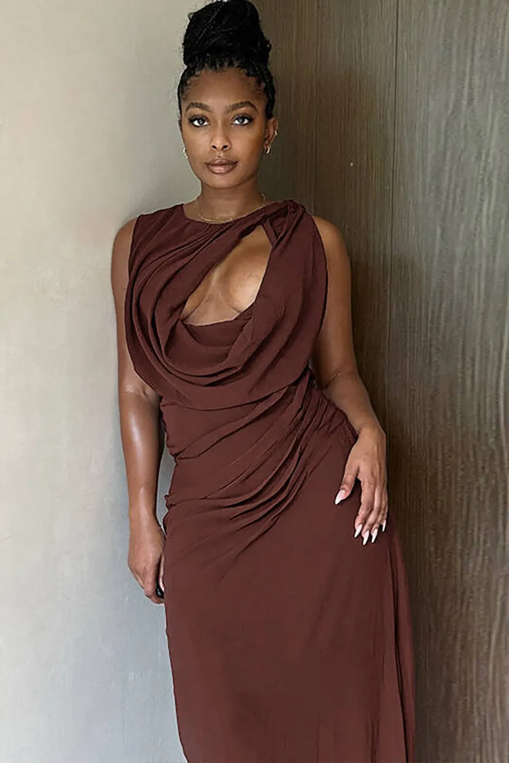 Sleeveless Ruched Cutout Slim Fit Solid Color Slit Maxi Dresses-Brown