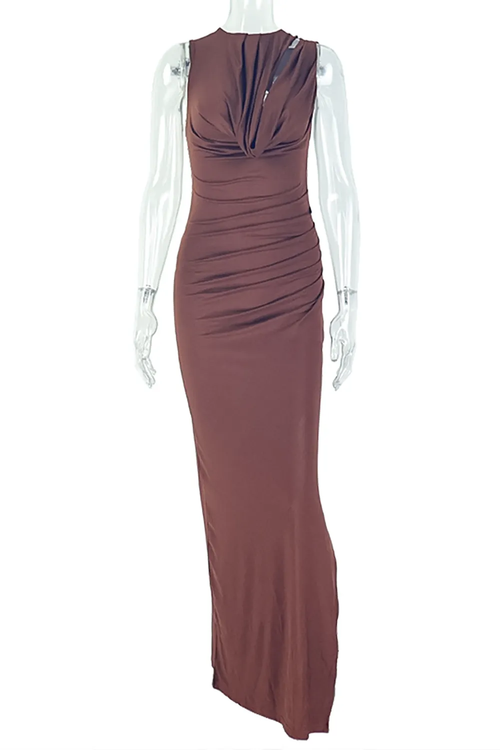 Sleeveless Ruched Cutout Slim Fit Solid Color Slit Maxi Dresses-Brown