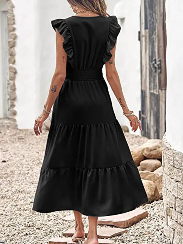 Smocked Waist Midi Dress with Ruffled Shoulders and Tiered Pleats