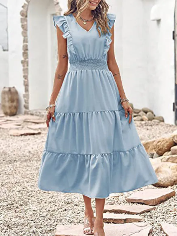 Smocked Waist Midi Dress with Ruffled Shoulders and Tiered Pleats