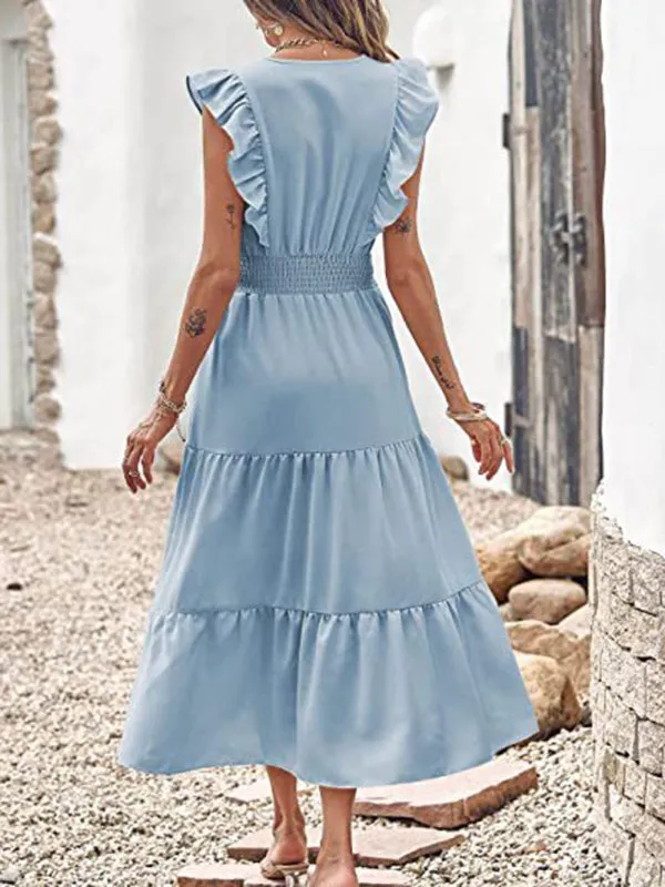 Smocked Waist Midi Dress with Ruffled Shoulders and Tiered Pleats