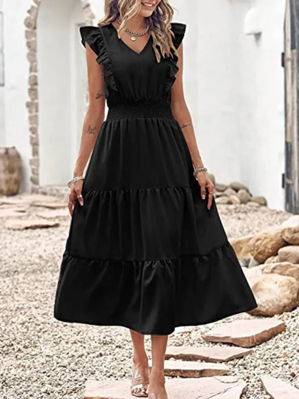 Smocked Waist Midi Dress with Ruffled Shoulders and Tiered Pleats