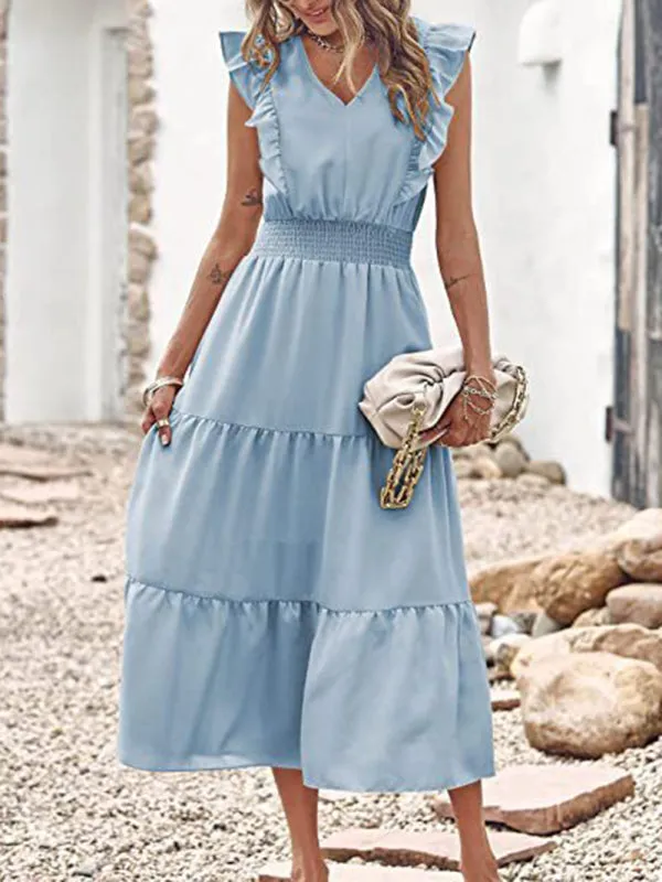 Smocked Waist Midi Dress with Ruffled Shoulders and Tiered Pleats